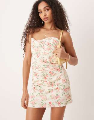 Mango - Trägerloses Baumwoll-Minikleid in Weiß mit gerafftem Mieder und Blumenmuster