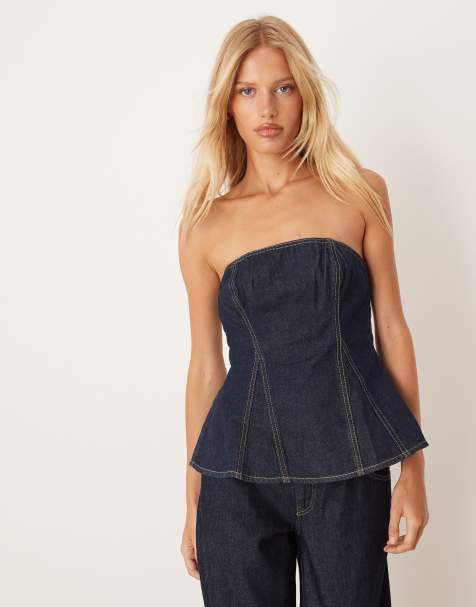 Mango – Trägerloses Jeansoberteil in Indigoblau mit Kontrastnähten, Kombiteil - view 1
