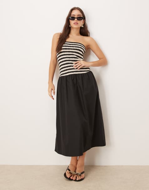 Mango – Trägerloses Midaxi-Kleid in Schwarz mit gestreiftem Oberteil und tiefer Taille - view 1