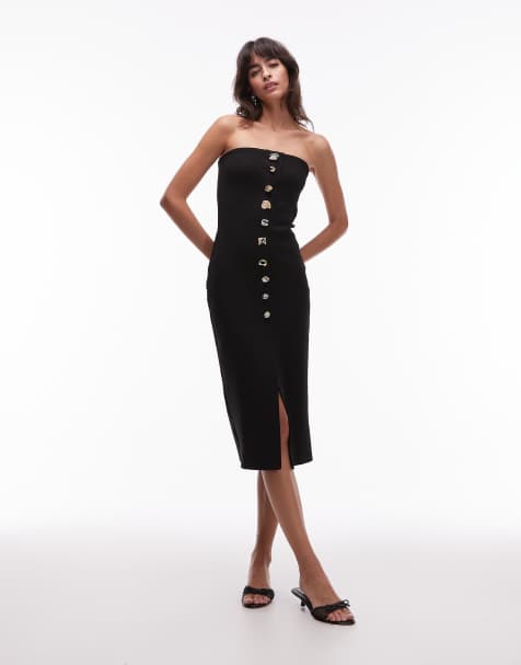 Mango – Trägerloses Midikleid aus kompaktem Strick in Schwarz mit auffälligen Knöpfen - view 1