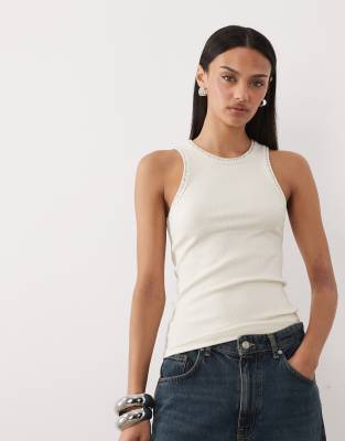 Mango - Trägertop in Cremeweiß mit Ringerrücken und Kunstperlendetail-Neutral