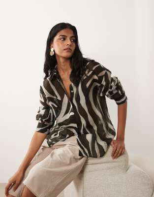 Transparente Oversize-Hemdbluse mit Zebramuster in neutralen Farben-Schwarz Schwarz XL