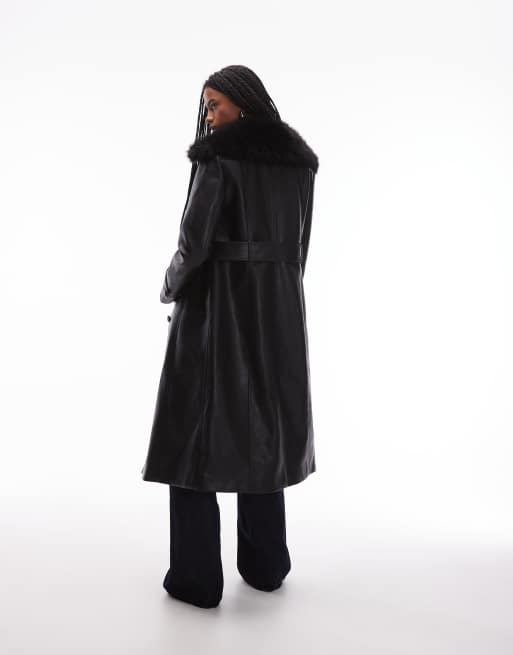 Mango - Trench-coat en imitation cuir avec col en fausse fourrure - Noir, 3 de 4