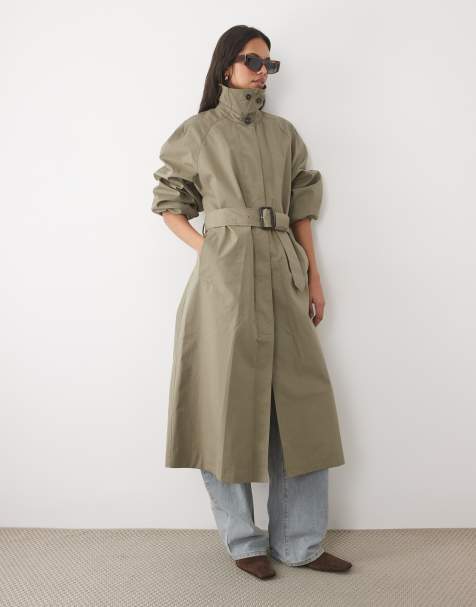 Mango trench-coat long ceinturé en coton majoritaire kaki - view 1