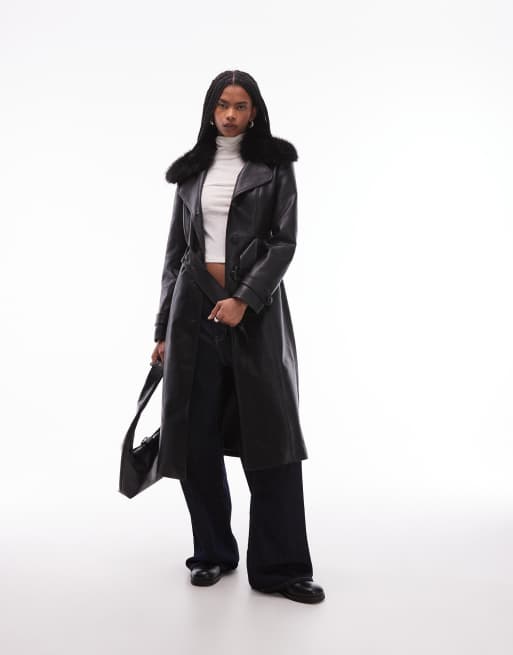Mango – Trenchcoat aus Kunstleder in Schwarz mit Kunstpelzkragen, 2 von 4