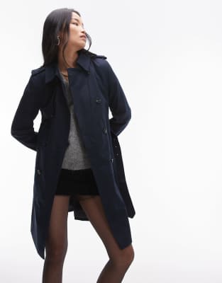 Mango - Trenchcoat in Marineblau mit Einsatzdetail-Schwarz