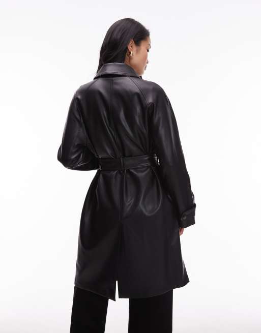 Mango - Trenchcoat van imitatieleer met riem in zwart, 4 van 4
