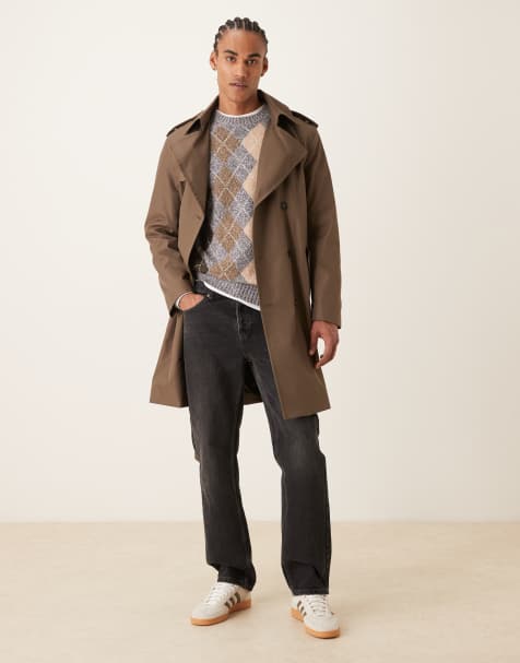 Feziakuk Heren Trenchcoat Enkelrijig Langjas Lichte Revers Herfst Winter Jas Overgangsjas, Kaki, M