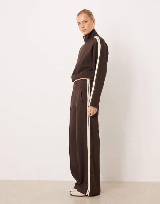Mango Tri straight pants with side stripe in chocolate - part of a set, 4 of 5