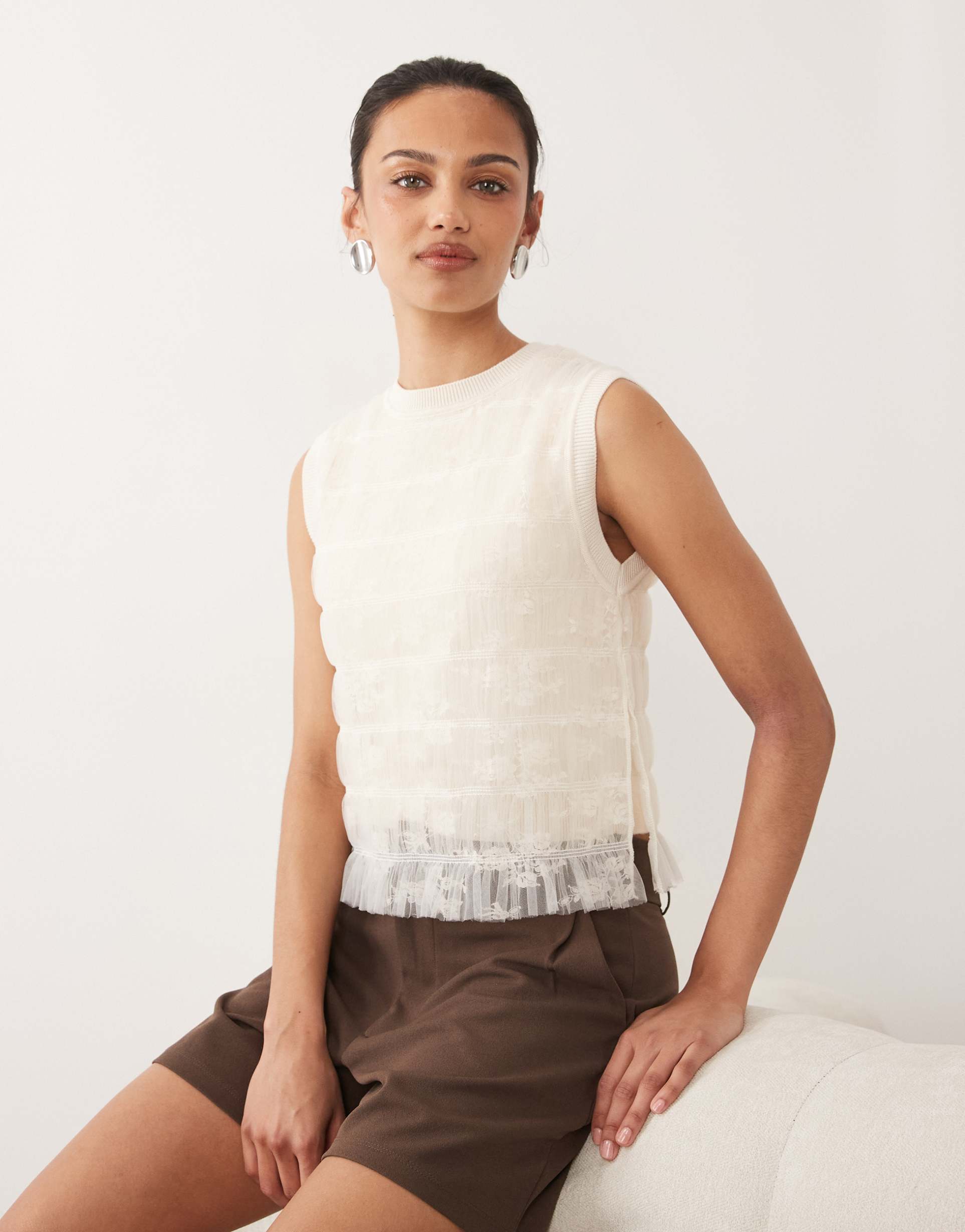 mango tulle textured ruched sleeveless top in cream