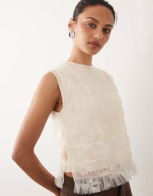 Mango tulle textured ruched sleeveless top in cream, 3 of 4