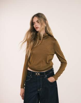 Mango Turtle Neck Fine Sweater In Brown