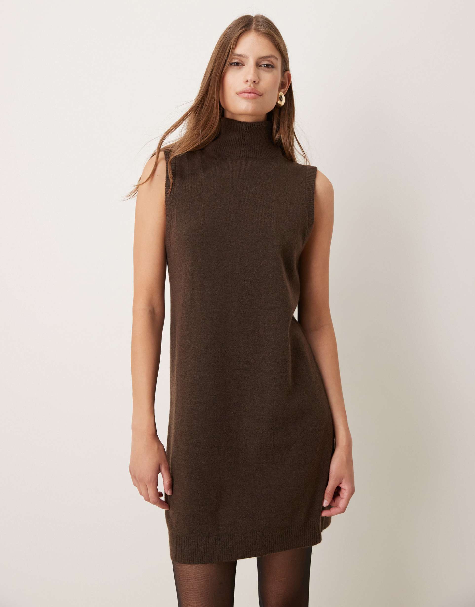 mango turtle neck sleeveless mini dress in brown