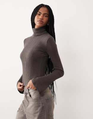 Mango Turtleneck Knit Top With Flare Sleeves In Black