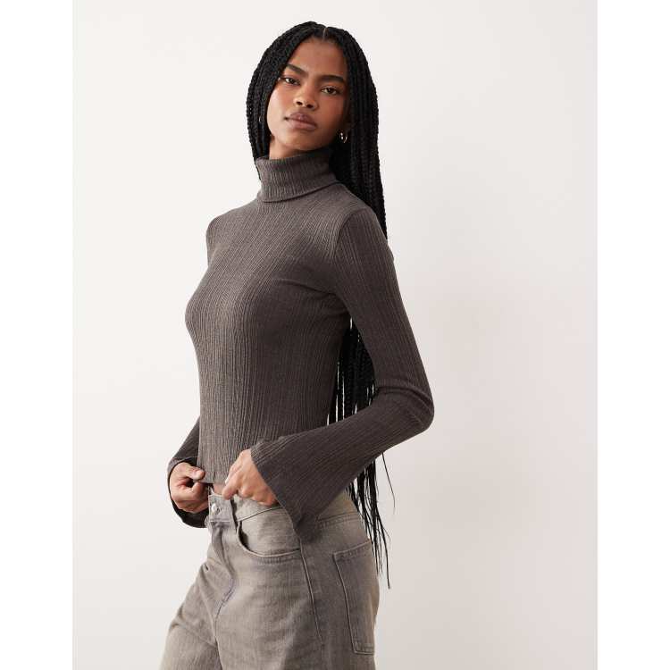 Mango turtleneck knit top with flare sleeves in gray | ASOS
