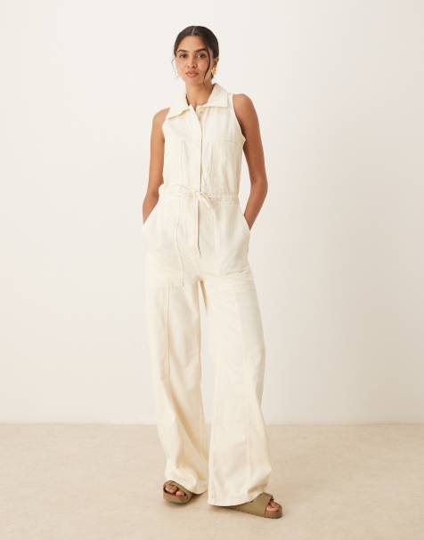 Mango - Tuta jumpsuit beige senza maniche con colletto e bottoni allacciato in vita - view 1