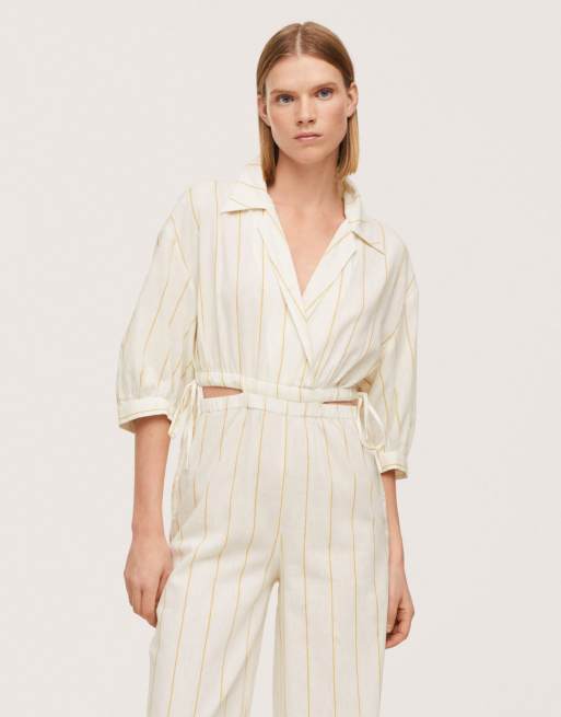 Mango - Tuta jumpsuit bianca in lino a righe con cut-out, 3 di 4