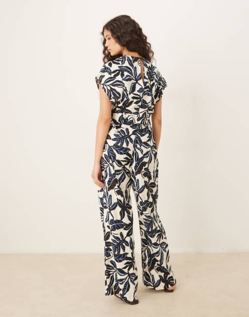 Mango - Tuta jumpsuit blu a fiori con scollo a V e cintura, 3 di 4