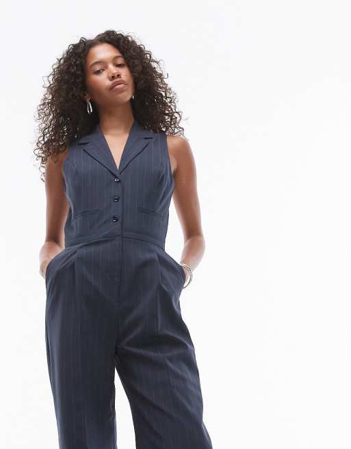 Mango Tuta jumpsuit blu navy con motivo gessato e dettagli stile abito ASOS