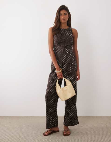 Mango - Tuta jumpsuit in misto lino marrone e bianco a pois con cintura - view 1