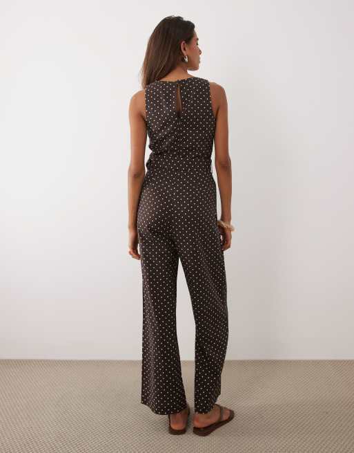 Mango - Tuta jumpsuit in misto lino marrone e bianco a pois con cintura, 4 di 4