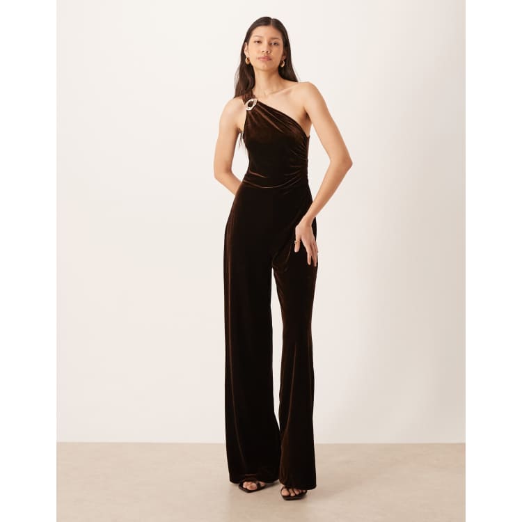 Mango Tuta jumpsuit marrone monospalla in velluto ASOS