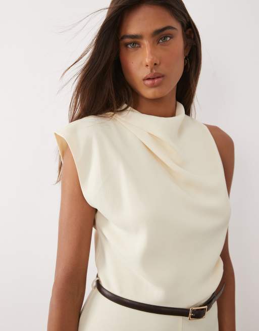 Mango - Tuta jumpsuit sartoriale asimmetrica senza maniche color panna, 3 di 4