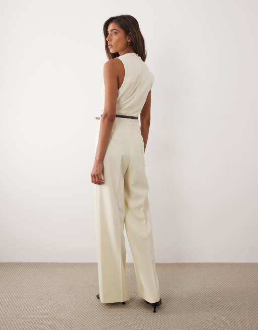 Mango - Tuta jumpsuit sartoriale asimmetrica senza maniche color panna, 4 di 4