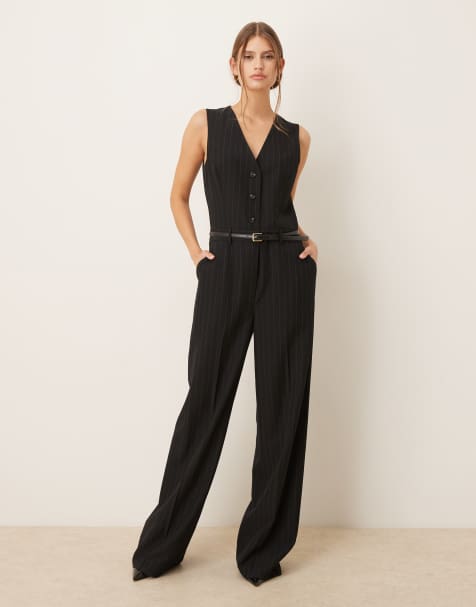 Mango - Tuta jumpsuit stile gilet sartoriale blu navy con motivo gessato e cintura - view 1