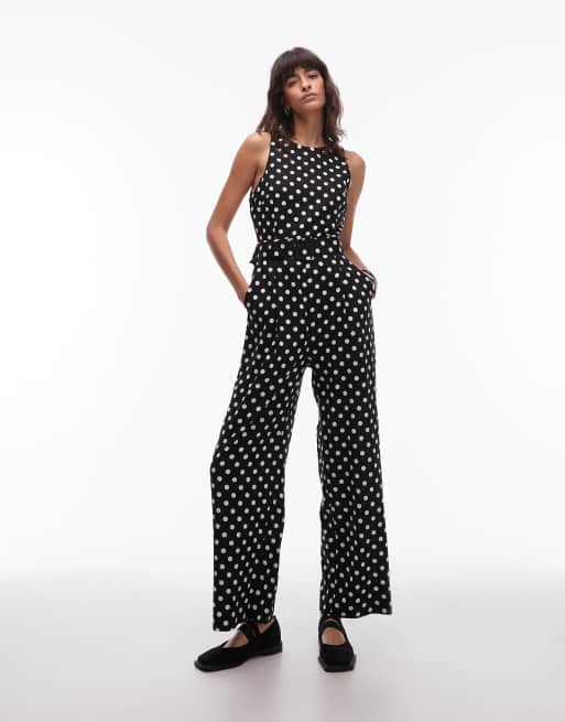 Mango - Tuta jumpsuit taglio dritto nera a pois stretta in vita con cintura