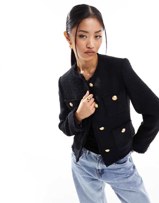 Mango – Tweed-Jacke in Schwarz mit Knopfdetail ASOS