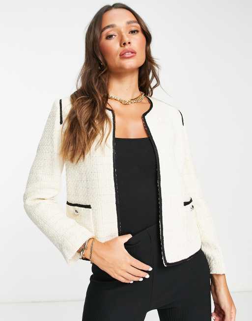 Mango tweed jacket in white with black piping | ASOS