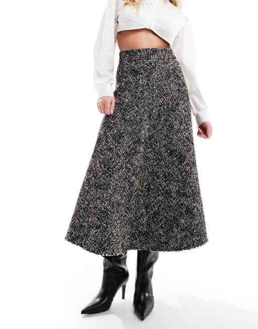 Mango tweed style midi skirt in black