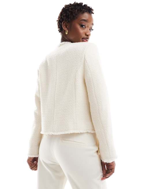 Mango tweed tailored button jacket in ecru ASOS