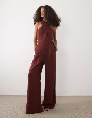 Mango Twist Detail Halterneck Belted Jumpsuit In Brown
