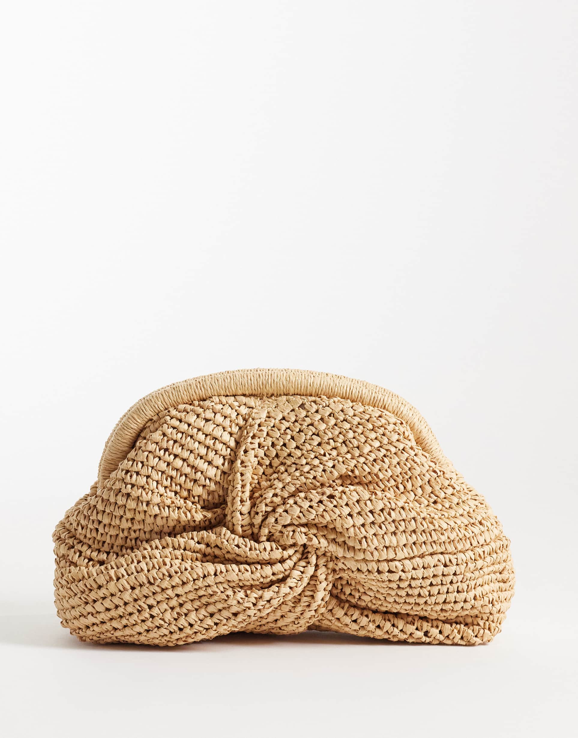 mango twist detail woven clutch purse in beige