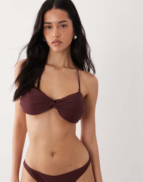 Mango twist front bandau bikini top in burgundy - view 1