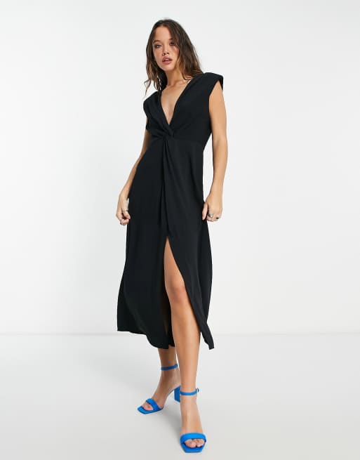 Mango twist front v neck midi dress in black