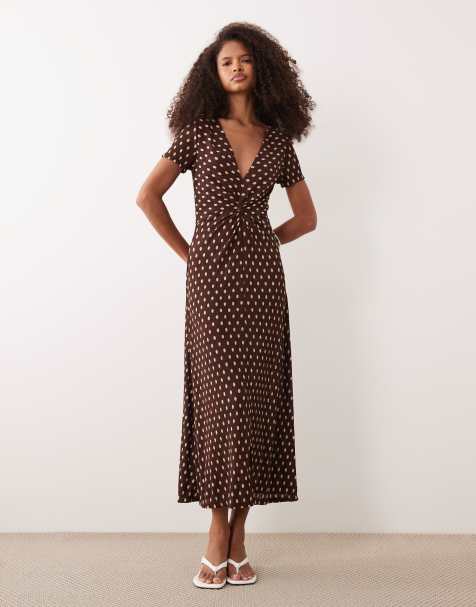 Mango twist front v neck midi dress in brown and cream polka dots - view 1
