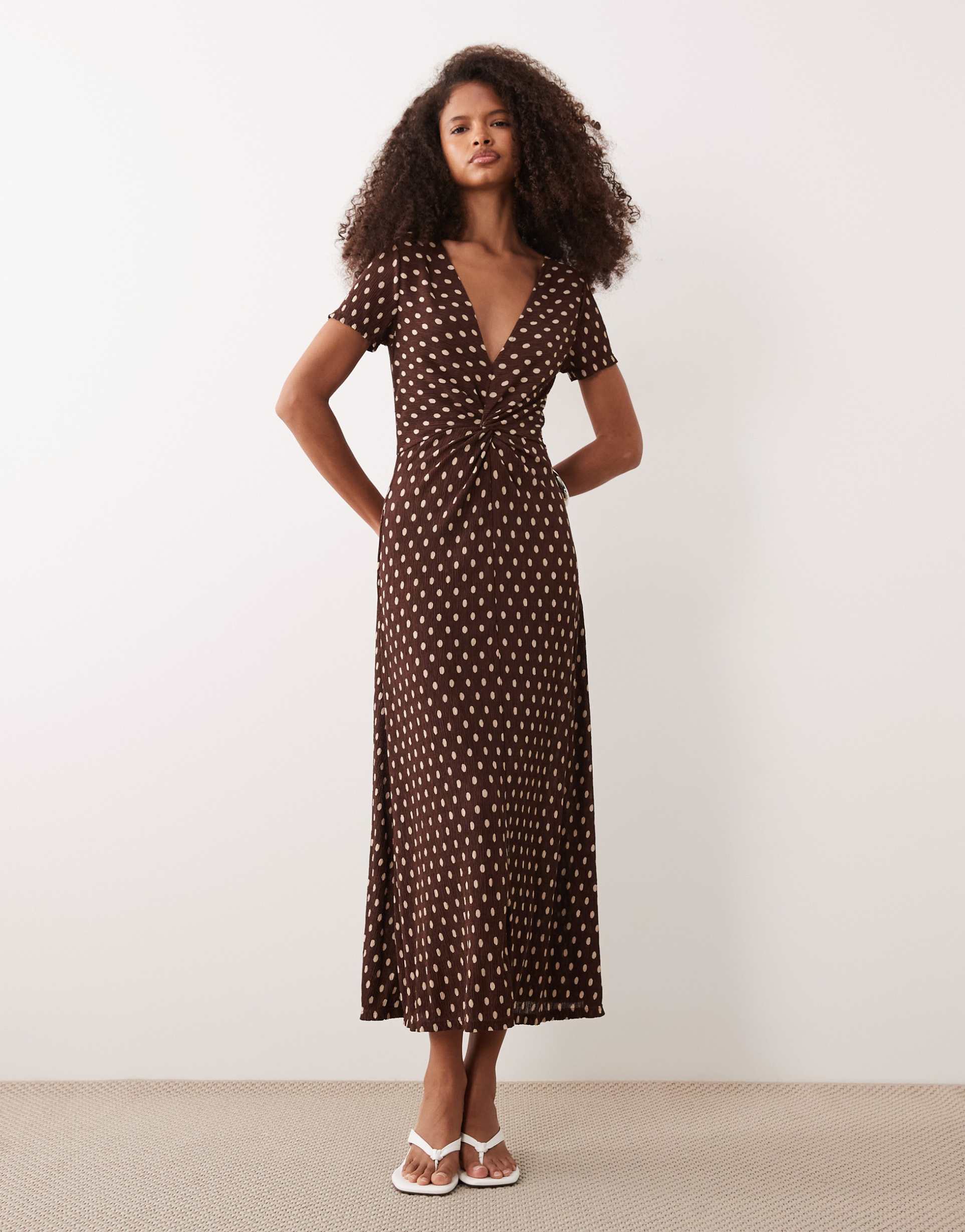 mango twist front v neck midi dress in brown and cream polka dots