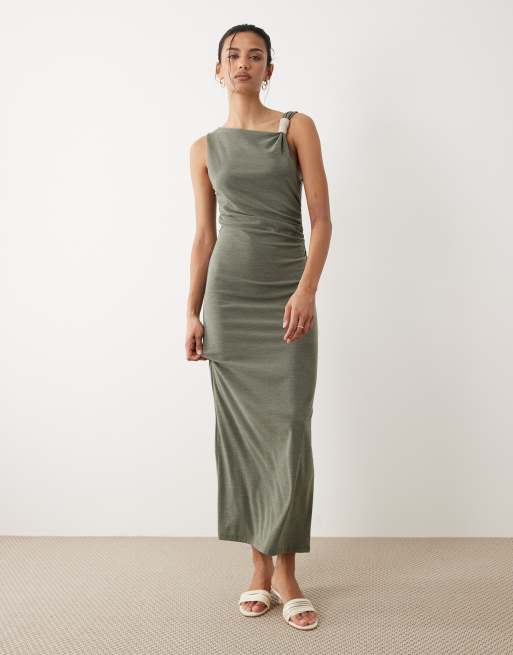  Mango twist shoulder midi dress with hardware detail in khaki, 2 of 4