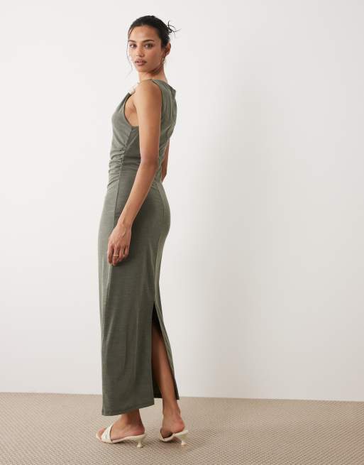  Mango twist shoulder midi dress with hardware detail in khaki, 4 of 4