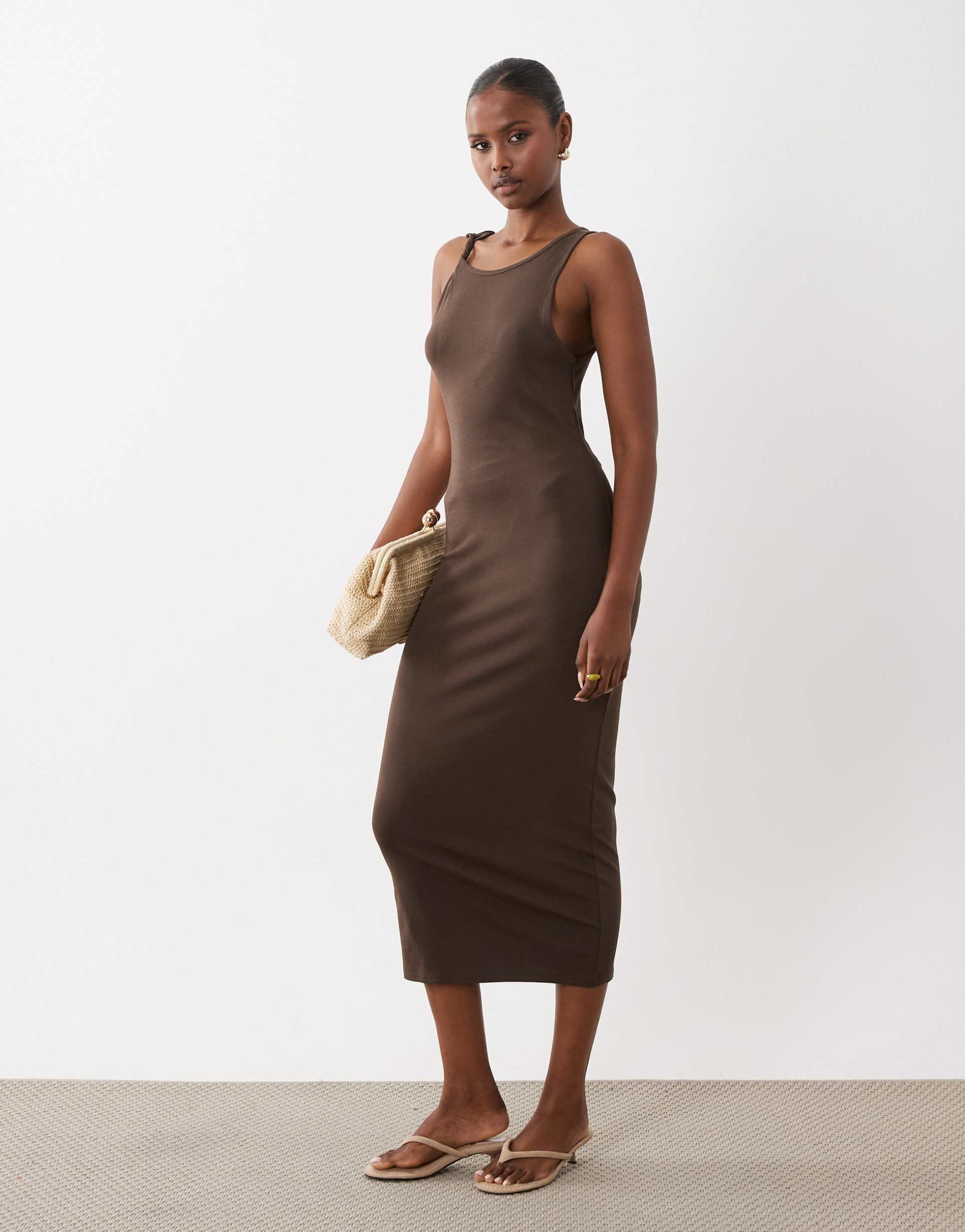 mango twist strap jersey midi dress in brown