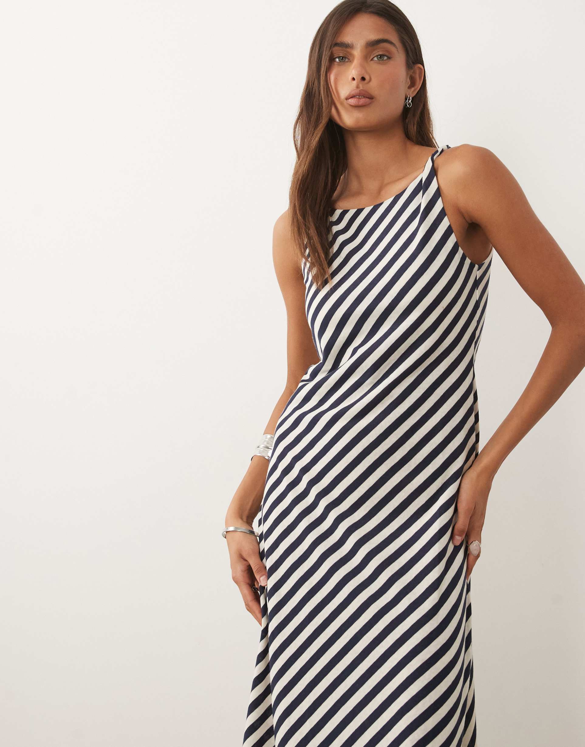 mango twist strap maxi dress in navy striped print