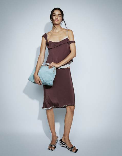 Mango two layer midi skirt co-ord in brown and light blue - view 1