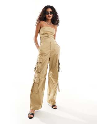 Mango utility bandeau jumpsuit in tan-Brown