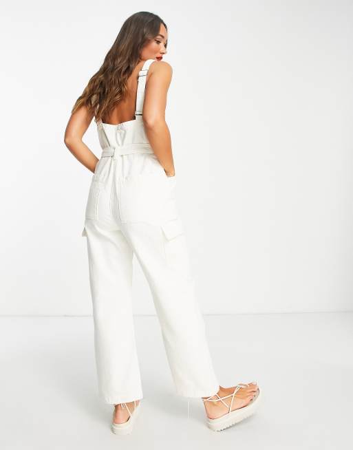 Mango utility cargo detail dungarees in white, 3 of 4