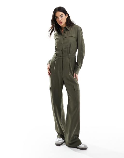 Mango utlity oversized jumpsuit in khaki | ASOS