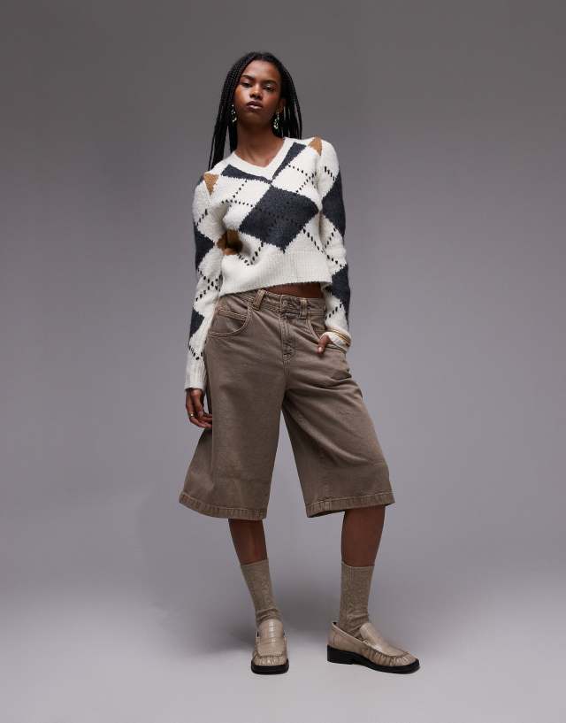 Mango V-neck argyle sweater in beige | ASOS