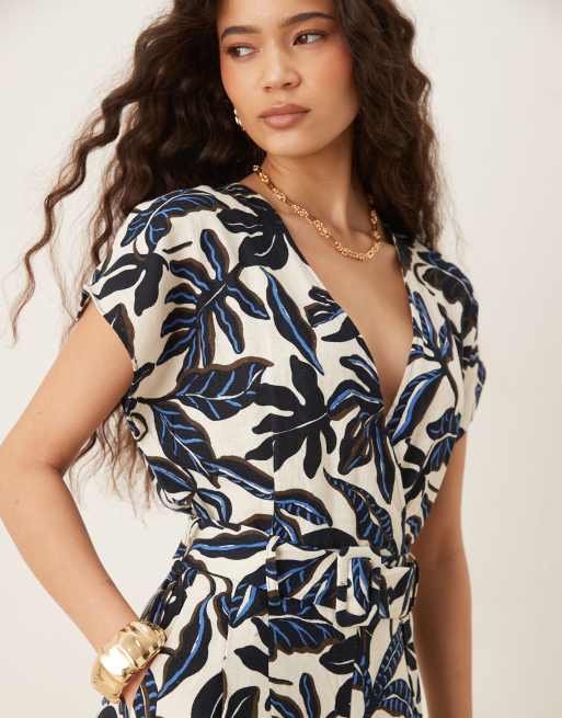 Mango V-neck belted jumpsuit in blue floral print ASOS